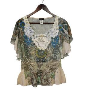 Cocomo Top‎ Womens Small Paisley Floral Lace Sequin Flutter Sheer Fairy Grunge